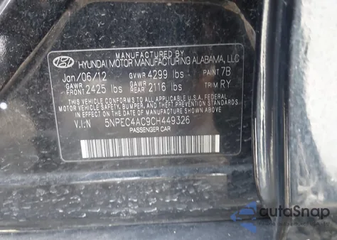 2012 Hyundai Sonata 2.4L Se from USA, damaged, VIN 5NPEC4AC9CH449326